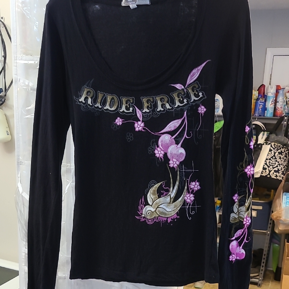 Ride Free Scoop Neck Black and Purple Long Sleeved Women's Top